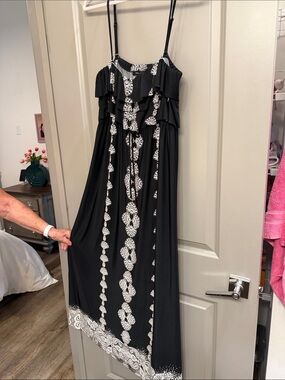 Style & Co. Black Maxi Dress with White Lace-Print Ruffle Detail